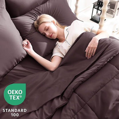 CozyLux King Size Comforter Set Cocoa Powder, 7 Pieces Bed in a Bag, Cocoa Powder Comforter King Size, All Season Bedding Sets with Stitch Quilted Comforter, Flat Sheet, Fitted Sheet, Pillowcases