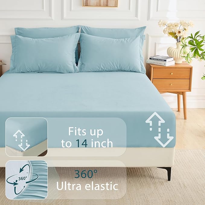 MUXHOMO 7 Pieces Queen Comforter Set, Soft Bed in a Bag Queen Size, All Season Bedding Set with Comforter, Flat Sheet, Fitted Sheet, Pillowcases & Shams, Lake Blue