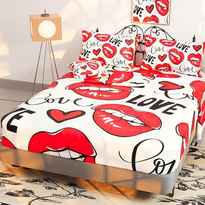 Namoxpa6 Pieces Love Themed Comforter Sets for Teens Girls,3D Red Lip Pattern,Decorative 6 Piece Bedding Sets with Comforter,Flat Sheet,Fitted Sheet,Throw Pillow Cover,Pillow Shams,Queen Size