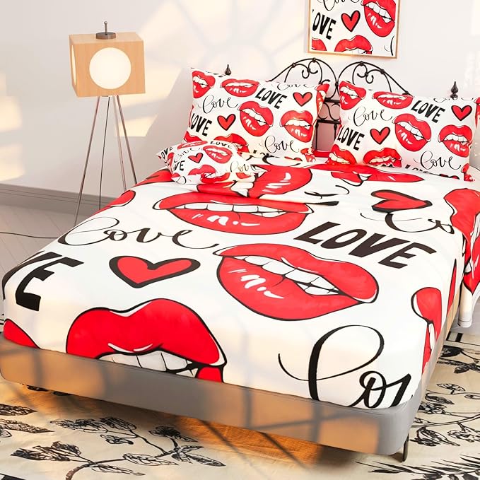 Namoxpa6 Pieces Love Themed Comforter Sets for Teens Girls,3D Red Lip Pattern,Decorative 6 Piece Bedding Sets with Comforter,Flat Sheet,Fitted Sheet,Throw Pillow Cover,Pillow Shams,King Size