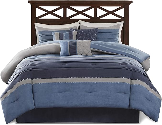 Madison Park Cozy Comforter Set Casual Modern Design - All Season Bedding, Matching Bed Skirt, Decorative Pillows, Collins, Suede Blue Grey King(104"x92") 7 Piece
