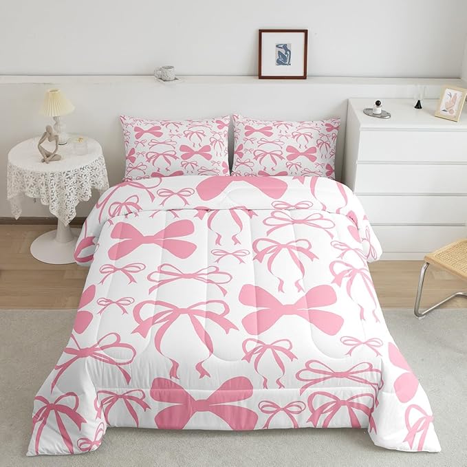 Feelyou Bow Bedding Set Boys Girls Queen Size Black Cute Bowknot Comforter Set for Kids Women Men Ultra Soft Pink Girls Bow Comforter Kawaii Bow Duvet Set Room Decor Lovely Decor Quilt Set