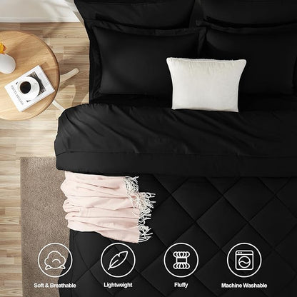 CozyLux Queen Comforter Set Black - Bed in a Bag Queen Size 7 Pieces, Luxury Soft Bed Set for All Seasons, Bedding Set with Down Alternative Comforter, Sheets, Pillowcases & Shams (Pack of 2)