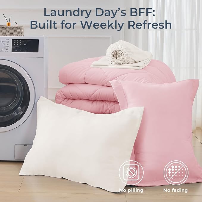 HEVUMYI Twin Comforter Set - 5-Piece All Season Bed in a Bag Twin, Ultra Soft Bedding Set with Comforter, Flat Sheet, Fitted Sheet, Pillowcases, Pillow Shams, Pink & Ivory