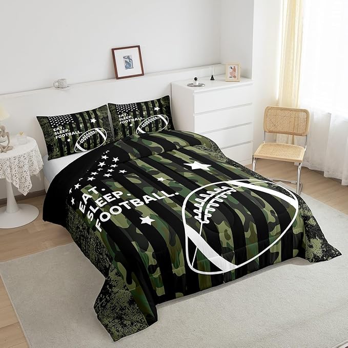 Feelyou Twin Football Bedding Set for Kids Toddler Camo American Flag Comforter Set for Boys Girls Rugby Sports Comforter Teens Soccer Duvet Set Microfiber Bed Set