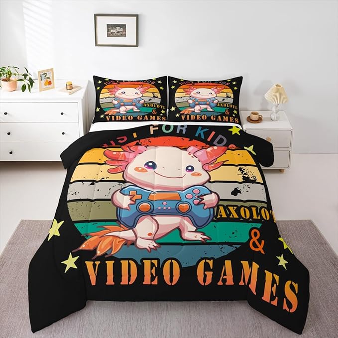 Gamer Bedding Set Axolotl Comforter Set King, Video Games Gaming Down Comforter For Kids Boys Girls Teens, Rainbow Duvet Set, Cute Wildlife Animal Bedroom Decor, Pink Orange, With 2 Pillow Cases