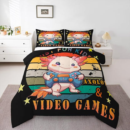 Gamer Bedding Set Axolotl Comforter Set King, Video Games Gaming Down Comforter For Kids Boys Girls Teens, Rainbow Duvet Set, Cute Wildlife Animal Bedroom Decor, Pink Orange, With 2 Pillow Cases