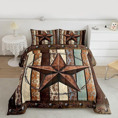 Western Texas Star Kids Comforter Set Queen Size,Vintage Wooden Plank Bedding Set,Girls Boys Adults Bedroom Decor,Rustic Farmhouse West Cowboy Down Comforter,Brown Retro Duvet Insert,2 Pillowcases