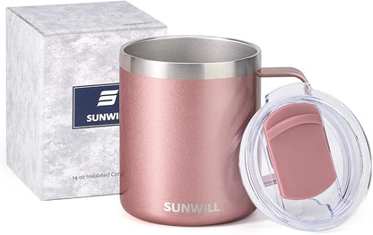 SUNWILL Travel Coffee Mug with Lid, Insulated Tumbler with Handle, 14 oz Stainless Steel Cup for Ice, Water, Tea, Rose Gold | with Lid, Insulated Tumbler, with Handle, Cup, for Ice, Water