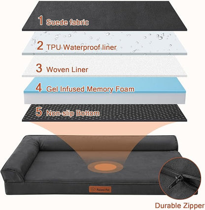 Orthopedic Dog Bed for Large Dogs, 36"x27"x6" Memory Foam Pet Bed with Washable Microsuede Cover, TPU Waterproof Liner & Nonskid Bottom, for Indoor, Outdoor, Crate ＆ Car Use, Dark Grey