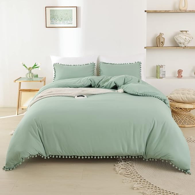 YIRDDEO Full Size Comforter Sets - Full Size Comforter with Ball Pom Fringe, Soft Bedding Set for All Seasons - 3 Pieces, 1 Comforter (79"x90") & 2 Pillow Shams(20"x26"), Sage Green