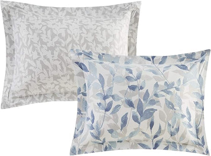 Madison Park Essentials Cozy Bed in a Bag Reversible Comforter with Complete Sheet Set - Modern Botanical Print All Season Cover, Shams, Decorative Pillow, King(104"x92"), Blue 8 Piece