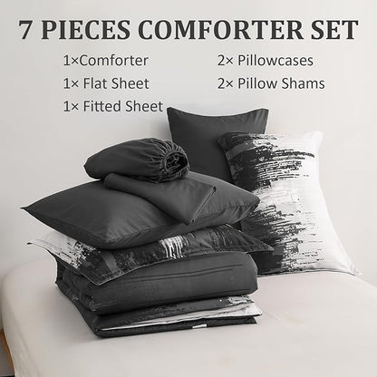 WONGS BEDDING Comforter Set Queen,Black Grey 7 Pieces Bed in a Bag Colorful Abstract Art Gradient Comforter Soft Microfiber Bedding Set with Comforter,Flat Sheet,Fitted Sheet,Pillow Shams,Pillowcases