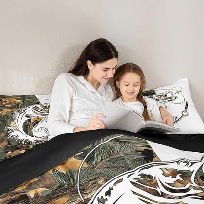 Erosebridal Camo Fishing King Bedding Set - Big Bass Pike Fish Comforter Set for Boys Kids Men | Rustic Cabin Farmhouse Quilt | Camouflage Hunting Bedroom Decor with 2 Pillowcases
