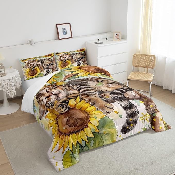 Erosebridal Kids Cute Cat Comforter Set King Rustic Sunflower Bedding Set for Boys Girls Farmhouse Flowers Cat Bedding Comforter Sets Retro Watercolor Blossom Floral Animal Bed Set Yellow Brown