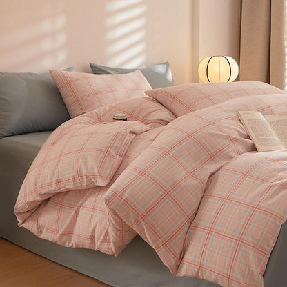 HighBuy Geometric Comforter Sets Full Size Plaid Bohemian Hotel Luxury Bedding Sets 3 Piece Pink Gingham Full Comforters Fluffy with 2 Pillowcases for Full Bed,Comfy Soft Bedding Comforters