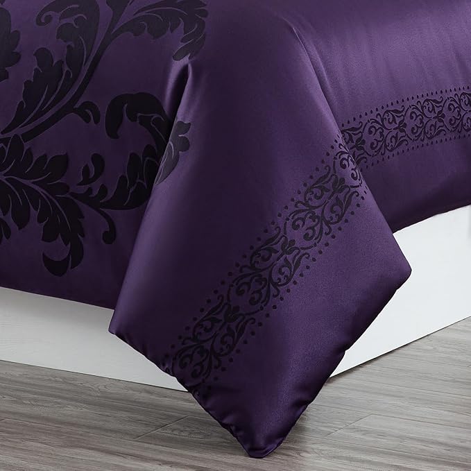 Chezmoi Collection Valor 7-Piece California King Bed in a Bag, Purple/Dark Purple Luxury Jacquard Floral Comforter with Sheets Set for All Season