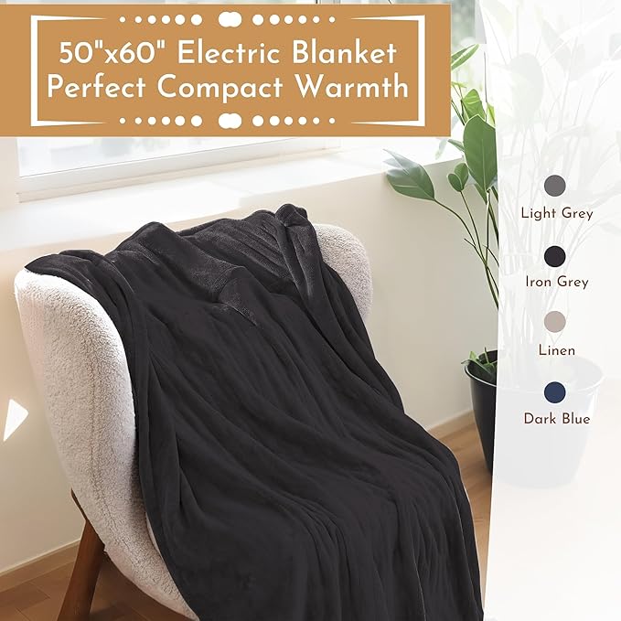 Electric Heated Blanket 50"x60" Throw Size Flannel Heated Blanket, Cozy & Warm for All Night, 5 Heat Settings & 3 Hours Auto Off, Machine Washable, Iron Grey