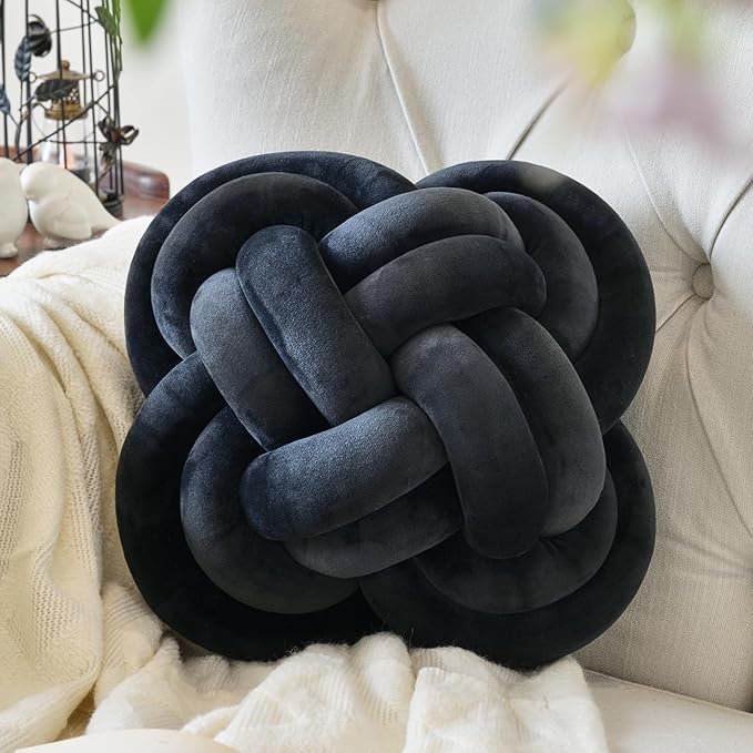 Xuyier Knot Pillow Ball, Decorative Throw Pillows with Velvet Fabric for Couch Bed, 12" Decor Knotted Square Floor Pillow Cushions for Living Room (12 Inches, Black)