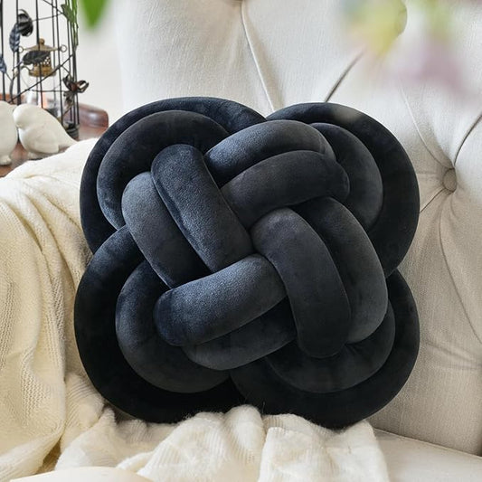 Xuyier Knot Pillow Ball, Decorative Throw Pillows with Velvet Fabric for Couch Bed, 12" Decor Knotted Square Floor Pillow Cushions for Living Room (12 Inches, Black)