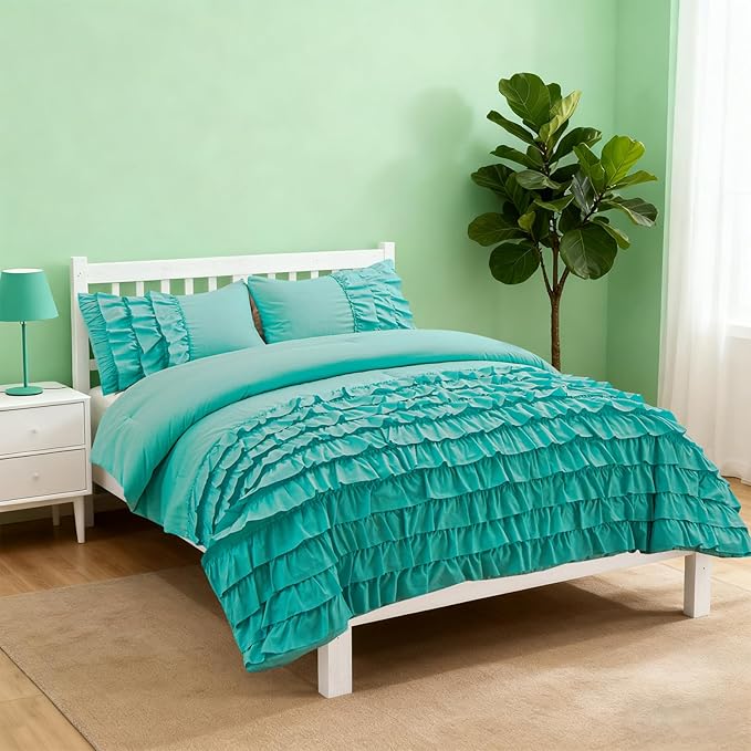 Holawakaka Aqua Waterfall Ruffle Comforter Set Full Size Multi-Layers Ruffled Shabby Chic 3PCS Bedding Set for Girls Women, Kids Teens Ruched Dorm Bed Set