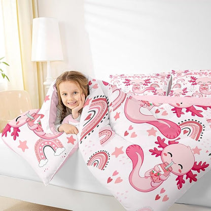 Manfei Cute Axolotl Kids Comforter Set King Size,Stars Rainbow Cartoon Bedding Set,Girls Boys Adults Room Decor,Strawberry Love Heart Romantic Down Comforter,Pink Kawaii Duvet Insert,2 Pillowcases