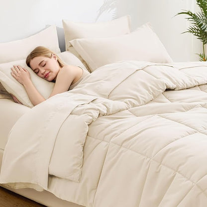 Love's cabin Full Comforter Set Beige, 7 Pieces Full Bed in a Bag, All Season Bedding Sets with 1 Comforter, 1 Flat Sheet, 1 Fitted Sheet, 2 Pillowcase and 2 Pillow Sham