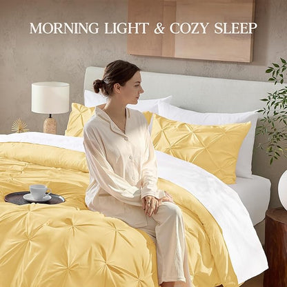 Andency California King Comforter Set Yellow (104x96Inch), Pinch Pleat Cal King Comforter Set 3 Pieces, Oversized King Pintuck Bed Comforter, Microfiber Down Alternative Comforter Bedding Set