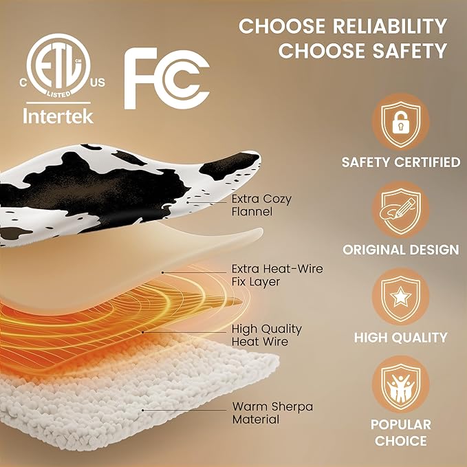Heated Blanket Throw Blanket - Fast Heating Electric Blanket, Soft Flannel Heated Throw with 10 Time Settings,10 Heating Settings, Warm Gifts for Women & Mom & Grandma(50"x60"Cow Print White)