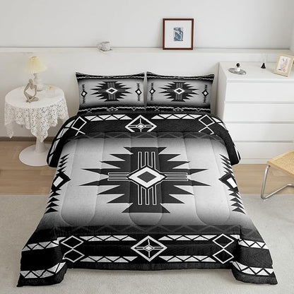 Southwest Comforter Set Queen Size,Southwestern Aztec Bedding Set 3Pcs Vintage Tribal Geometric Pattern Quilt Set for Kids Teens Boys Adult Room Decor,White Grey Duvet Insert,2 Pillowcases