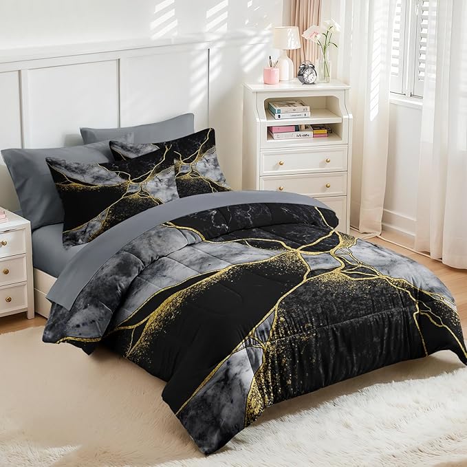 Nesker 7 Pcs Comforter Set Full Size, Marble Black Gold Bedding Set for Kids and Adults, Grey Abstract Modern Bed Sheet Sets with Fitted Sheet 2 Pillowcases & 2 Shams