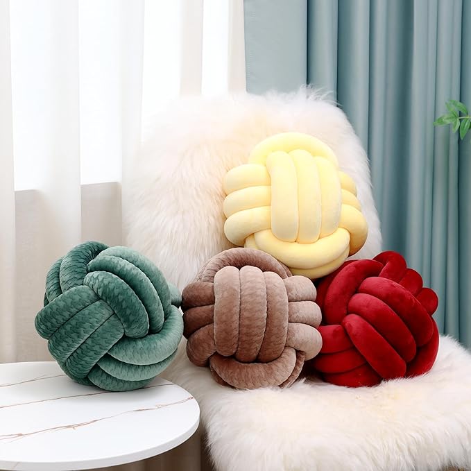 Petrella Knot Pillows Ball Round Throw Pillows Home Decor Cushion Decorative Aesthetic Throw Pillows，Burgundy 8inch