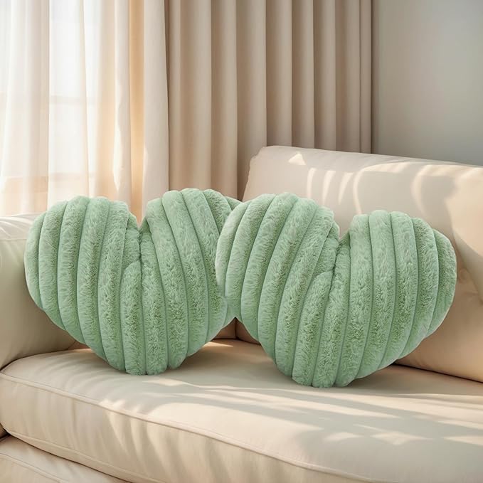 16 Inch Heart Pillow Cute Soft Decorative Throw Pillows, Heart Shaped Fluffy Faux Fur Pillows Cushions for Couch Sofa Bed Bedroom Room Home Decor Aesthetic (2, Green, Medium-16 x13)
