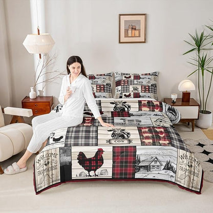 Rustic Farm Animal Comforter Set Retro Buffalo Plaid Farmhouse Cabin Bedding Sets Full Country Sheep Chicken Cow Print Comforter For Lodge,Patchwork Grid Windmill Quilt Set Red Black Grey 3 Pcs