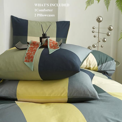 mixinni Queen Comforter Set Men Boys Geometric Checkered Plaid Pattern Bedding Comforter for All Season Soft Lightweight Bedding Set-(Queen Size, Green,Yellow,Khaki)