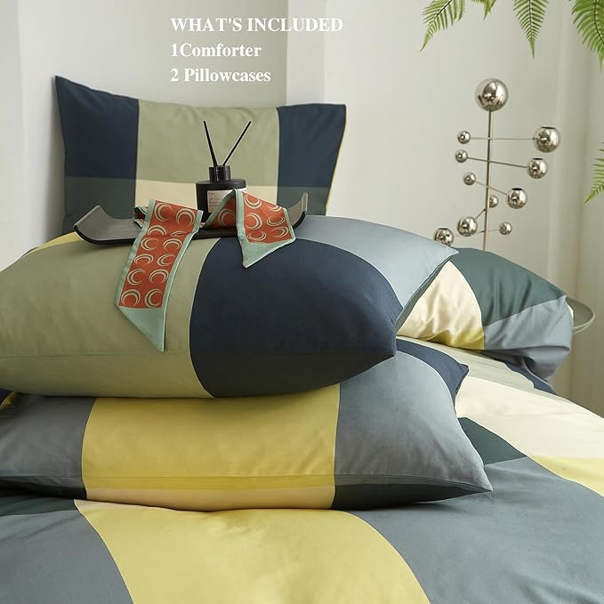 mixinni Queen Comforter Set Men Boys Geometric Checkered Plaid Printed Bedding Comforter for All Season Soft Lightweight Bedding Set-(Queen Size, Green,Yellow,Khaki)