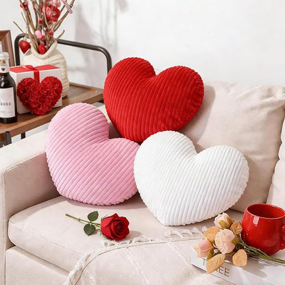 Cumule 3Pcs Valentine's Day Heart Pillows Ribbed Large Love Heart Pillows Red Ivory Pink Pillows for Valentines Day Living Room Bedroom Decor