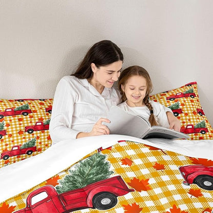 Erosebridal Christmas Comforter Set King, Red Truck Down Comforter, Xmas Tree Maple Leaves Bedding Set, Yellow Lattice Grid Comforters & Sets, Autum Quilt for Kids Teens Bedroom Decor