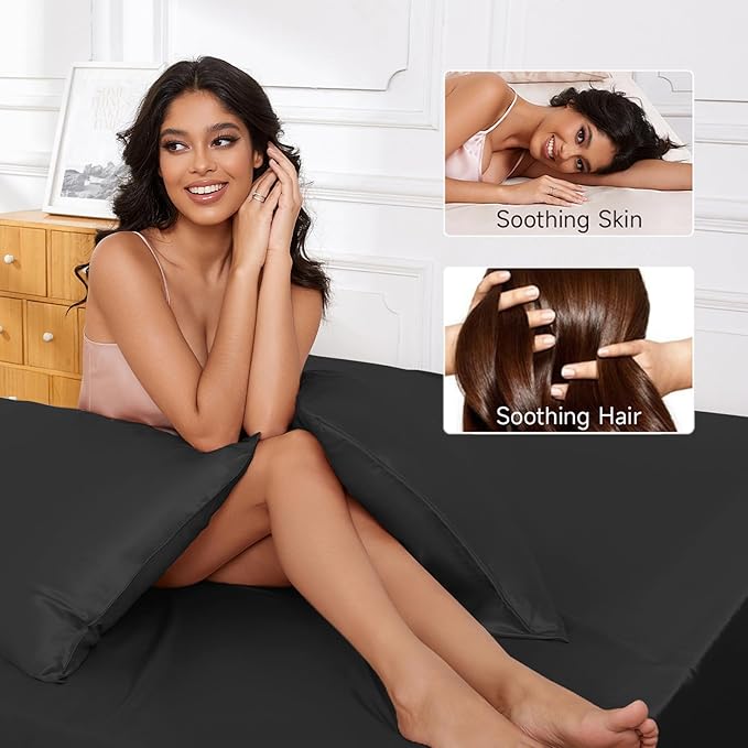 THXSILK Luxury Mulberry Silk Bed Sheets Set - 4pcs Silk Sheets Set 16" Deep Pocket - 1 Fitted Sheet, 1 Flat Sheet, 2 Pillowcases with Zipper Closure - Queen, Black