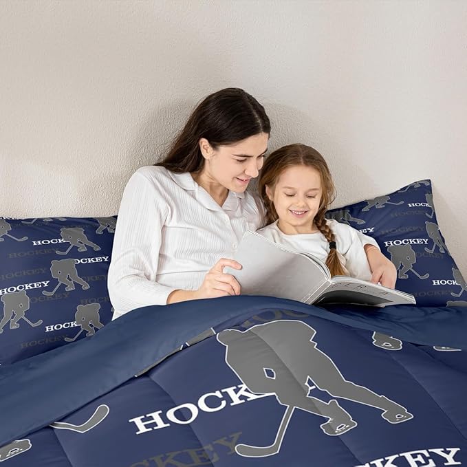Hockey Players Kids Bedding Set King Size, Comforter Set,Competitive Games Teamwork Quilt Comforter,Dark Blue Gray Bedroom Duvet Insert,2 Pillowcases