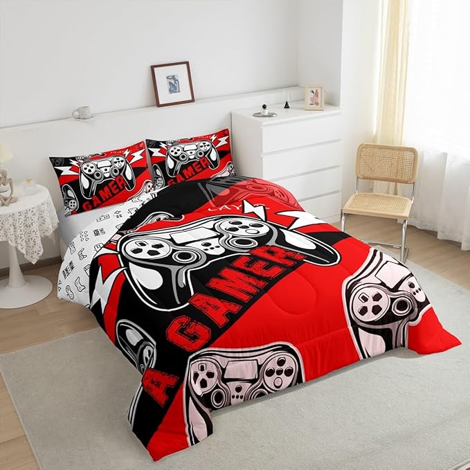 Erosebridal Gamer Comforter Sets for Boys Full Size,Gaming Bedding Sets for Boys Kids Teens Gamepad Gaming Comforter Set Game Room Decor,Red Black 3Pcs