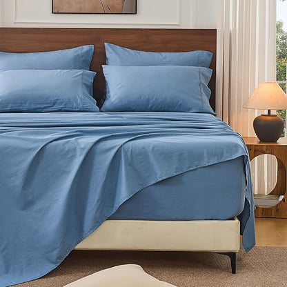 Bedlifes 100% French Linen Sheets Queen Size 18-24" Extra Deep Pocket 4-Piece Set Breathable & Moisture-Wicking,Soft & Durable Sheets for Thick Mattresses(Flint Blue)