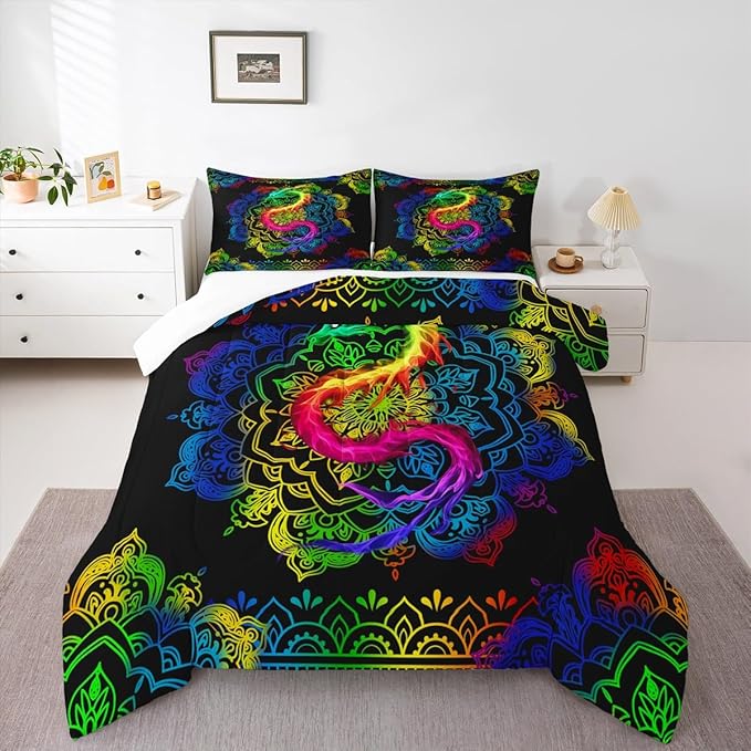 Watercolor Dragon Comforter Set Full Size,Rainbow Mandala Print Duvet Quilted,Bohemian Exotic Style and Animal Theme Bedding Comforters 3Pcs for Kids Child Teens Woman Man Bedroom Decor,Black