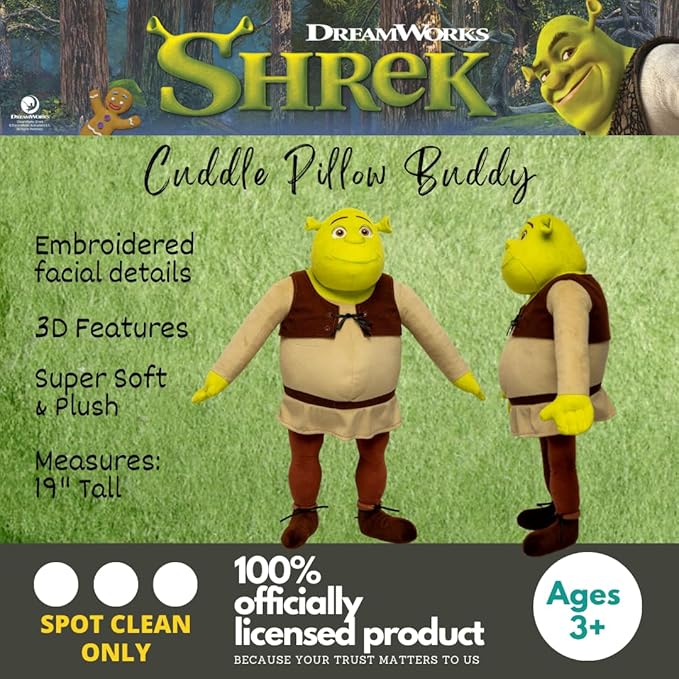 Collectibles DreamWorks Shrek Bedding Super Soft Cozy Decorative Cuddle Pillow, (Officially Licensed Product) By Franco