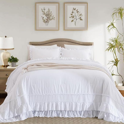 CozyTide White Oversized King Comforter 120x120,Cotton Farmhouse Shabby Boho Chic Ruffle California King Bed Comforter French Country Rustic Bedding 3PCS (1 Ruffled Comforter+2 Pillow Shams)