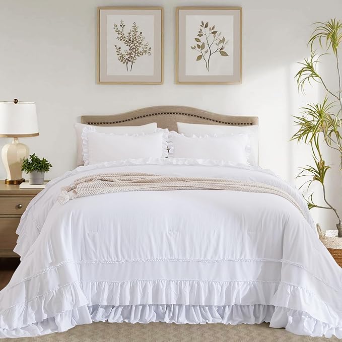 CozyTide Cotton Oversized King Comforter 128x120,White Shabby Boho Chic Farmhouse Bedding Comforter with Ruffles,3 Pieces Vintage Lightweight and Soft French Country Rustic Bedding Set