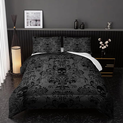 Adults Black Gothic Comforter Set King Size,Vintage Damask Floral Bedding Set 3Pcs,Bohemia Bedding Set Goth Skull Printed Quilted Set for Teens Adult with 1 Comforter and 2 Pillowcase