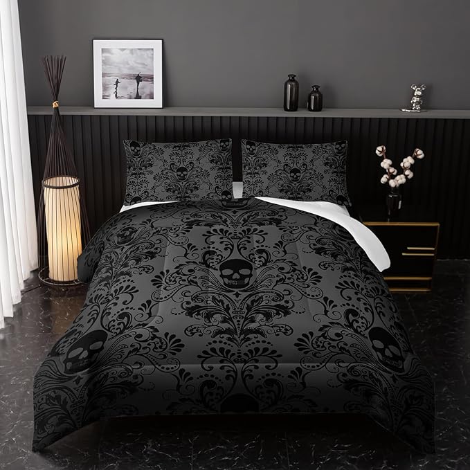 Adults Black Gothic Comforter Set Queen Size,Vintage Damask Floral Bedding Set 3Pcs,Bohemia Bedding Set Goth Skull Printed Quilted Set for Teens Adult with 1 Comforter and 2 Pillowcase