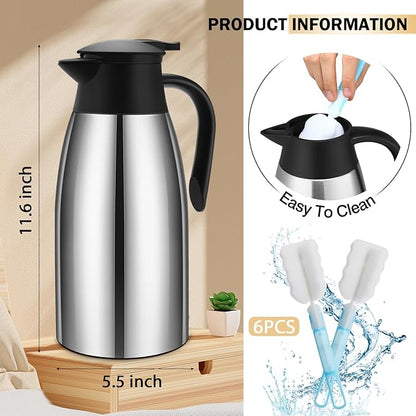 6 Pcs 68 oz Thermal Coffee Carafe Insulated Stainless Steel Coffee Carafe Double Walled Vacuum Thermal Pot Flask with 6 Brushes for Keeping Hot Water Milk Tea Home Office(Silver)