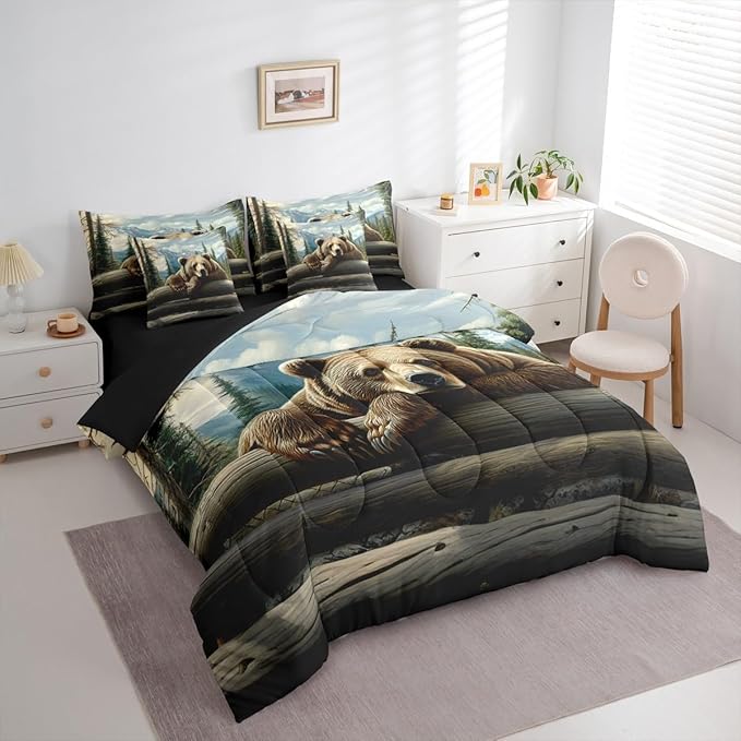 Erosebridal Nature Forest Bear 7 Piece Comforter Set Queen Size Wild Animals Forest Bedding Set for Child Boys Girls | Rustic Cabin Woodland Brown Bear Sheets Mountain Hunting Wildlife Duvet Insert